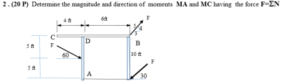 2.(20 P) Determine the magnitude and direction of moments MA and MC having the force F=EN 4 ft 6A 5 ft