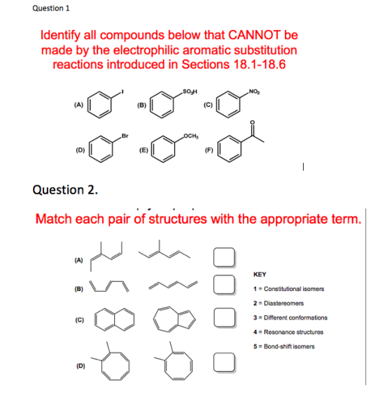 Question 1 Identify all compounds below that CANNOT be made by the electrophilic aromatic substitution reactions introduced i