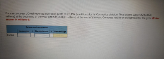 For a recent year LOreal reported operating profit of €3,497 (in millions) for its Cosmetics division. Total assets were €12
