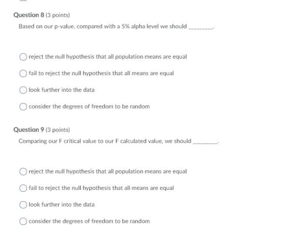 Question 8 (3 points) Based on our p-value, compared with a 5% alpha level we should reject the null hypothesis that all popu