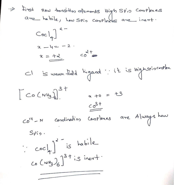 » finst are Row transition laments High spio habile, Low Spin complexes are complexes inert. Cocle] -2 2 -4 x = ta 2+ cl fie
