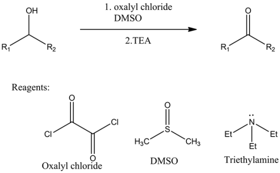 OH
1. oxalyl chloride
DMSO
R
CR,
2.TEA
Ri
R2
Reagents:
what
OM
H3C
CH3
Et
Et
Et
Triethylamine
DMSO
Oxalyl chloride
