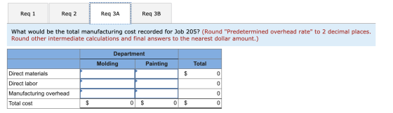 Req 1 Req 2 Req ЗА Req 3B What would be the total manufacturing cost recorded for Job 205? (Round Predetermined overhead rat