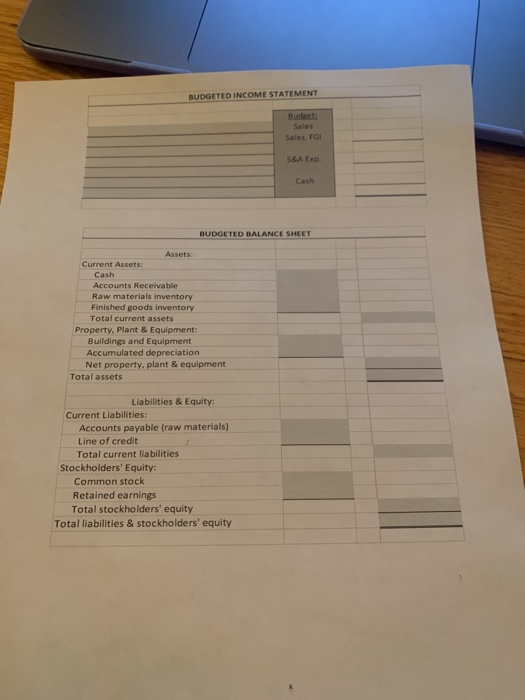 BUDGETED INCOME STATEMENT Sales Sales, FGI S&A Exp BUDGETED BALANCE SHEET Assets Current Assets: Cash Accounts Receivable Raw