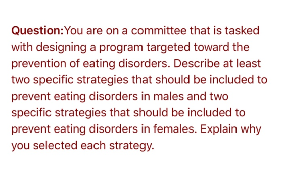 Question: You are on a committee that is tasked with designing a program targeted toward the prevention of eating disorders.