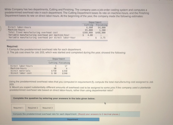 White Company has two departments, Cutting and Finishing. The company uses a job-order costing system and computes a predeter