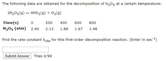 The following data are obtained for the decomposition of N,Og at a certain temperature: 2N205(9) - 4NO2(g) + O2(9) Time(s) N2