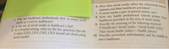 tio 6. How does social media affect the rela patients and their healthcare providers?p betve 7. is social media a part of pat