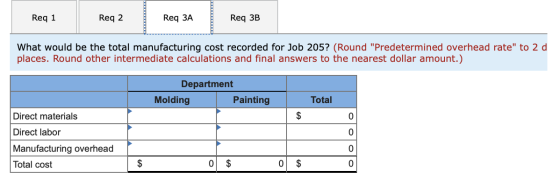 Req 1 Req 2 Req ЗА Req 3B What would be the total manufacturing cost recorded for Job 205? (Round Predetermined overhead rat