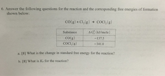 shown below: CO(g) +Cl2(g) → COCI ,(g) | Substance co(g) Coc1,(g) Δ¢(kJ/mole) 137.3 -341.0 a. [8] What is the change in standard free energy for the reaction? b. [8] What is Kp for the reaction?