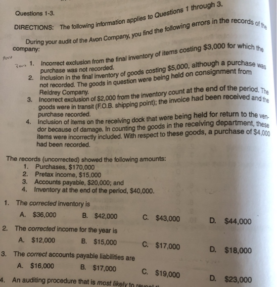Questions 1-3. records of the DIRECTIONS: The following information app ing information applies to Questions 1 through 3. fol