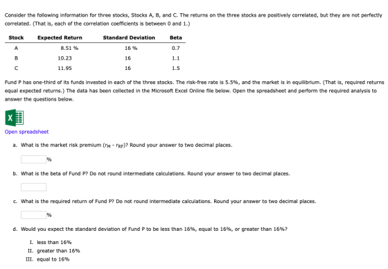 Consider the following information for three stocks, Stocks A, B, and C. The returns on the three stocks are positively corre