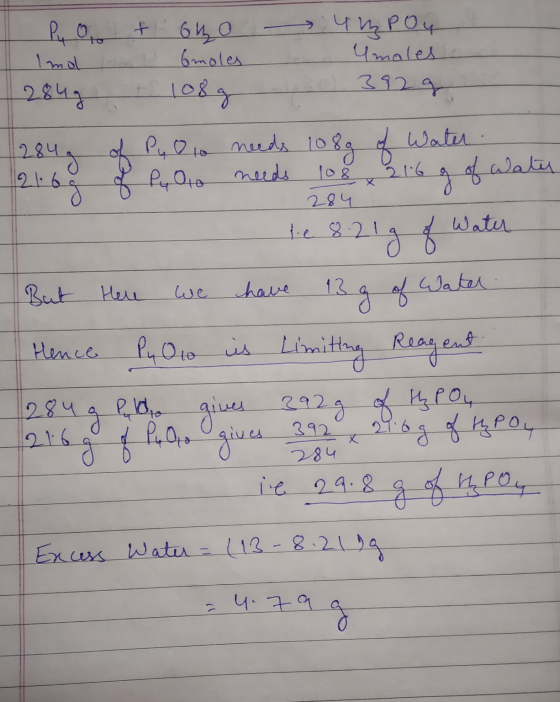 P, + 6и о ч и, РОy Imol on 6moles umoles 28ч. (ok 12 - 1284 of Pyo lo needs 108g of Water . 21.69 of Py 10 needs 108 216 g of