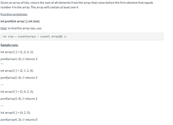 Given an array of ints, return the sum of all elements from the array that come before the first element that equals number 4