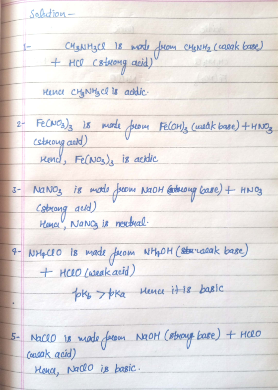 Solution- - CH₃NH₂Cl 18 made from CH₂NH₂ (coeak base) + Ace Ceferong acid) Hence CHE NMz ce is acidic. FeCaos); is made from