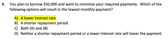 You plan to borrow $50,000 and want to minimize your required payments. Which of the following options will result in the low