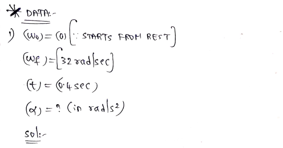 STA RTS FROM REST * DATA:- 0) (wo)=(0: Smets FROM REST) (wuf )={32 vad ſec] (t) = (64 sec ) (0) = ? (in radls2) solen
