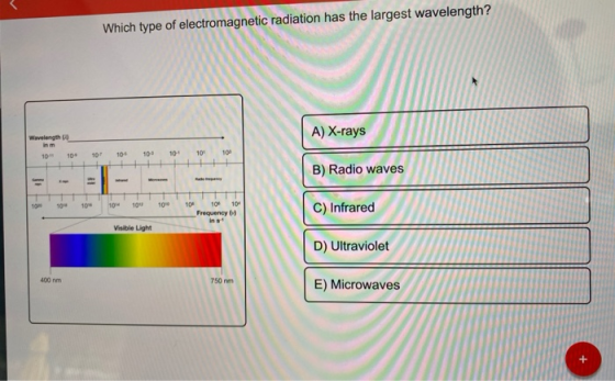 Which type of electromagnetic radiation has the largest wavelength? A) X-rays Wavelength 101 100 100 100 100 101 101 100 B) R