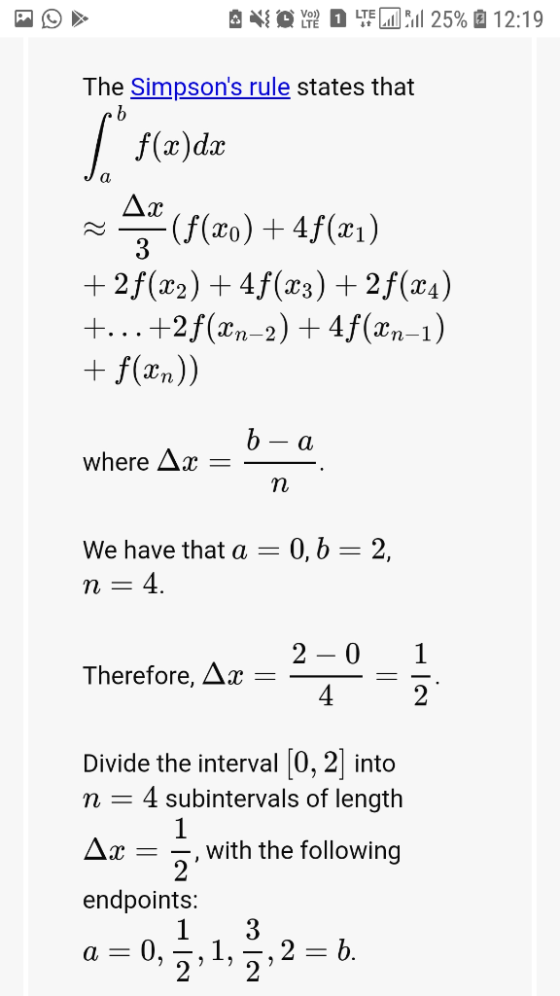 & VI YODD 27% 25% 12:19 The Simpsons rule states that [ f(x)da ~ (f(x0) + 4f(x1) + 2 f(x2) + 4f(x3) + 2 f(x4) +...+2f(&n-2)