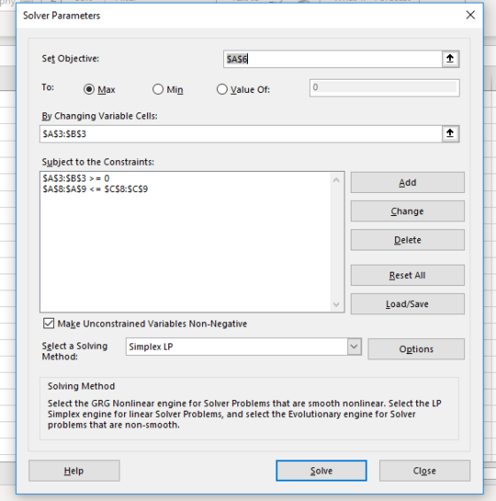 Solver Parameters Set Objective To: O Max OMin alue Of By Changing aiable Cells: SAS6 SAS3:SBS3 Subject to the Constraints: S