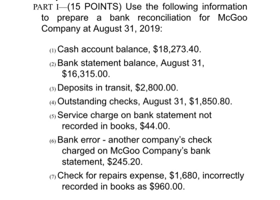 PART (15 POINTS) Use the following information to prepare a bank reconciliation for McGoo Company at August 31, 2019: (1) Cas