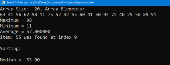 Select C:\Users\achar OneDrive\Documents\C++ arrayOperations.exe Array Size: 20, Array Elements: 63 41 56 62 98 11 75 52 32 5