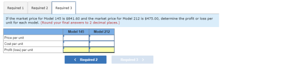 Required 1 Required 2 Required 3 If the market price for Model 145 is $841.60 and the market price for Model 212 is $475.00,