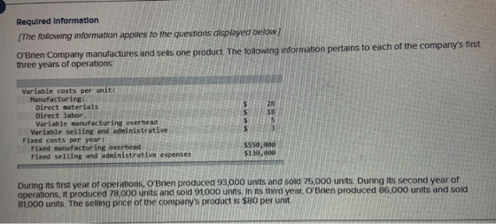 Required Information [The following information applies to the questions displayed below] OBrien Company manufactures and se
