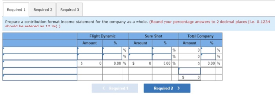 Required 1 Required 2 Required 3 Prepare a contribution format income statement for the company as a whole. (Round your perce