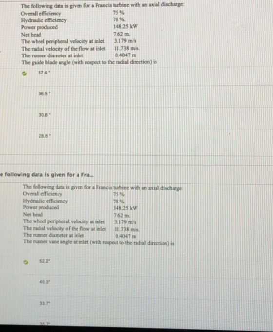 The following data is given for a Francis turbine with an axial discharge Overall efficiency Hydraulic efficiency Power produ