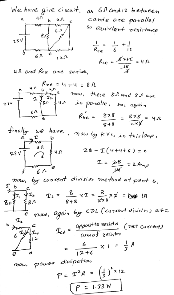 We have giie cisuit, as 6l ond 12 between e ase paralle/ 28V 12n uA and Ree are serie*, k,e = 8x8 ヂnally we have. , mowng kvı,in thisloop) cussent divisia me tood at point b mouw sn 8+8 Lcd 6 mou. power ohspatiar x (2