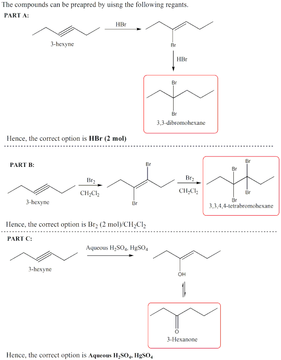 The compounds can be preapred by uisng the following regants PART A: HBr 3-hexyne HBr 3,3-dibromohexane Hence, the correct option is HBr (2 mol) PART B: Br CH2C CH2Cl2 Br 3-hexyne 3,3,4,4-tetrabromohexane Hence, the correct option is Br2 (2 mol)/CH2Cl2 PART C: Aqueous H2SO4, HgSO4 3-hexyne ?? 3-Hexanone Hence, the correct option is Aqueous H2SO4, HgSO4