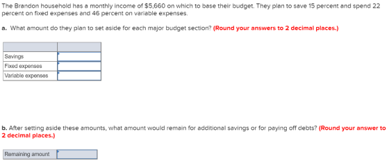 The Brandon household has a monthly income of $5,660 on which to base their budget. They plan to save 15 percent and spend 22 percent on fixed expenses and 46 percent on variable expenses. a. What amount do they plan to set aside for each major budget section? (Round your answers to 2 decimal places.) Savings Fixed expenses Variable expenses b. After setting aside these amounts, what amount would remain for additional savings or for paying off debts? (Round your answer to 2 decimal places.) Remaining amount