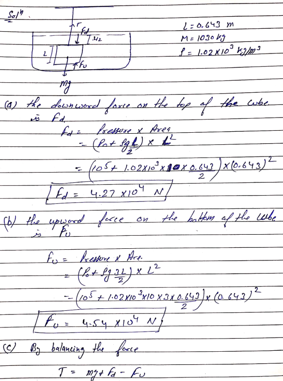 Soll ft .42 L=0.643 m M=1030leg S = 1.02x10 kg/m3 27 On my (a) the down word force on the top of the oben si fa fde Pressure