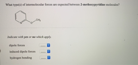 What type(s) of intermolecular forces are expected between 2-methoxypyridine molecules? Сн, Indicate with yes or no which app