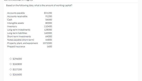 Based on the following data, what is the amount of working capital? Accounts payable Accounts receivable Cash Intangible asse