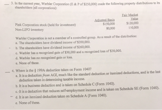 — 3. In the current year, Warbler Corporation (E&P of $250,000) made the following property distributions to its shareholders
