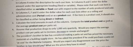 In Column A enter the description for each cost item. In Columns B and Center the dollar amount under the appropriate heading