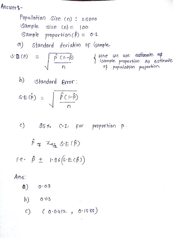 Answers Popalation Size Cn) : 25000 Sample Size Cn)oo Sample proportion c) a) Standard deviaton of (sample -L Here we use, estimate sample prpton as estimale ό.BCP) ofpopulaHion roporhon b) Standard Ero g5y. C-1. for proportion p O 03 C) C 0412 , 18