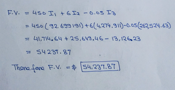 F.V. – 450 I +6 I2 -0.05 I3 450 ( 92.699191) +6(4,274, 911)-0.05(202,524.63) = 41,714.64 + 25,649.46 – 13,126.23 = 54231.87 T