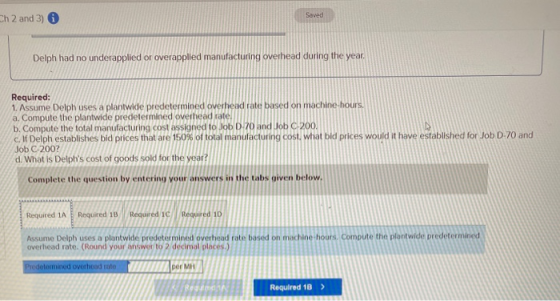 Ch 2 and 3) Saved Delph had no underapplied or overapplied manufacturing overhead during the year. Required: 1. Assume Delph
