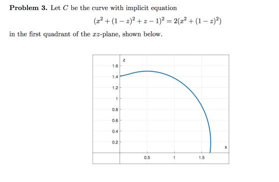 Problem 3. Let C be the curve with implicit equation (x2 + (1 – 2)2 +2 – 1)2 = 2(x² + (1 – 2)2) in the first quadrant of the