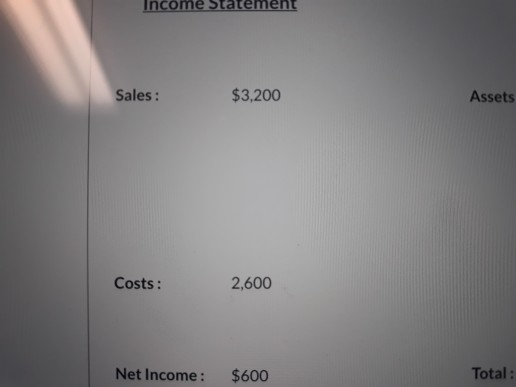 Income Statement Sales : $3,200 Assets Costs: 2,600 Net Income: $600 Total: