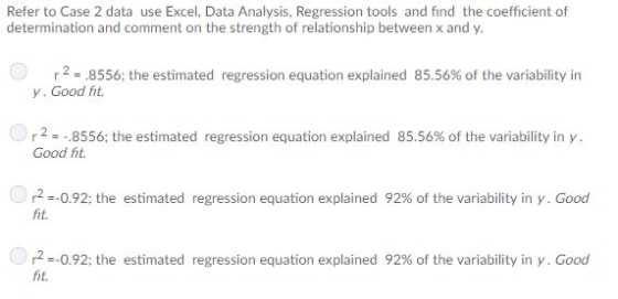 Refer to Case 2 data use Excel, Data Analysis, Regression tools and find the coefficient of determination and comment on the strength of relationship between x and y. r 2-.8556; the estimated regression equation explained 85.56% of the variability in y. Good fit. r 2 -B556; the estimated regression equation explained 85.56% of the variability in y. Good ht. r2-0.92; the estimated regression equation explained 92% of the variability in y. Good fit. Q r2 =-0.92; the estimated regression equation explained 92% of the variability in y. Good fit.