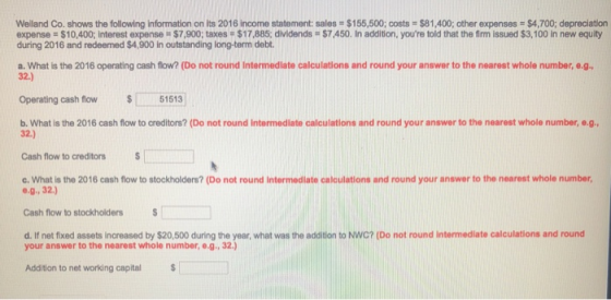 Welland Co. shows the following information on its 2016 income statement: sales $155,500; costs $81,400; ather expenses $4,700; depreclation expense = $10,400; interest expense $7,900; taxes = $17,885; dividends $7,450. In addition, youre told that the fir m issued $3.100 in new equity during 2016 and redeemed $4,900 in outstanding long-term debt a. What is the 2016 operating cash flow? (Do not round Intermedlate calculations and round your answer to the nearest whole number, e.g 32.) Operating cash flow51513 b. What is the 2016 cash flow to creditors? (Do not round intermediate calculations and round your answer to the nearest whole number, .g 32.) Cash flow to creditorsS c. What is the 2016 cash flow to stockholders? (Do not round Intermedlate calculations and round your answer to the nearest whole number .g, 32.) Cash flow to stockholders $ d. If net fixed assets increased by $20,500 during the year, what was the addition to NWC? (Do not round intermediate calculations and round your answer to the nearest whole number, e-g,32.) Addition to net working capital