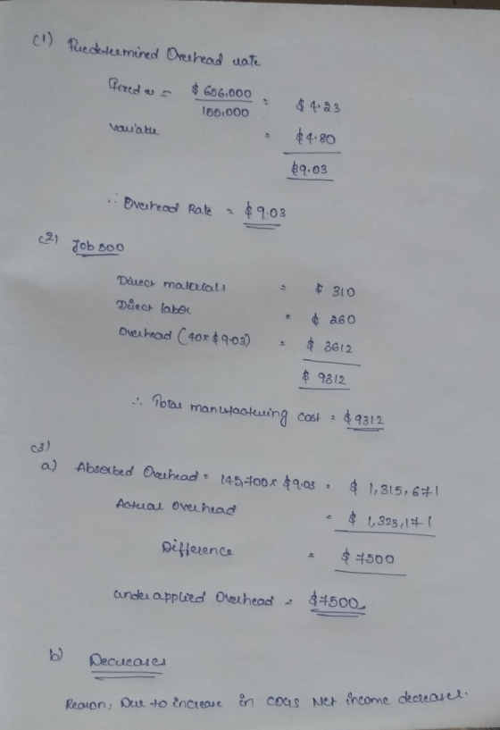 (1) Puedetermined Orechead uate fired $ 656,000 165.000 $4.23 Vana te $4,80 $9.03 Overhead Rate - $9.03 21 Jobs robboo $ 310