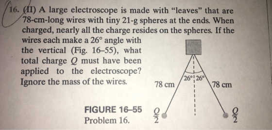 16. (II) A large electroscope is made with leaves that are 78-cm-long wires with tiny 21-g spheres at the ends. When charged, nearly all the charge resides on the spheres. If the wires each make a 26° angle with the vertical (Fig. 16-55), what total charge Q must have been applied to the electroscope? Ignore the mass of the wires. 26°126 78 cm 78 cm FIGURE 16-55 Q Problem 16.