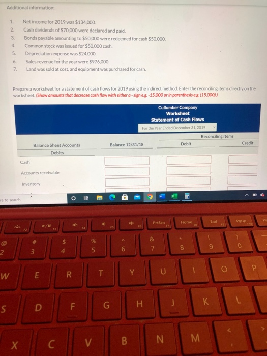 Additional information: 1 2 3. 4 5. 6. 7. Net income for 2019 was $134,000. Cash dividends of $70.000 were declared and paid.