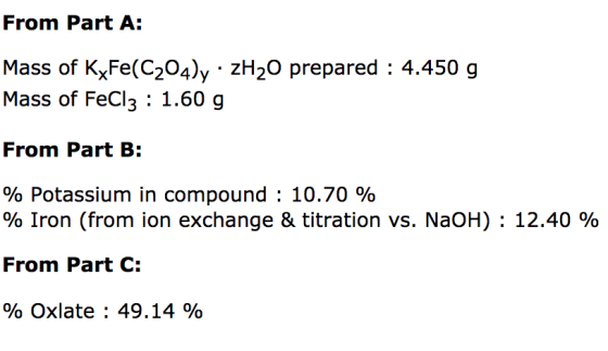 From Part A: Mass of KyFe(C204)y · 2H20 prepared : 4.450 g Mass of FeCl3 : 1.60 g From Part B: % Potassium in compound : 10.7