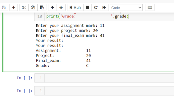 + I c Code < Run 18 printGrade: grade) Enter your assignment mark: 11 Enter your project mark: 20 Enter your final_exam mar